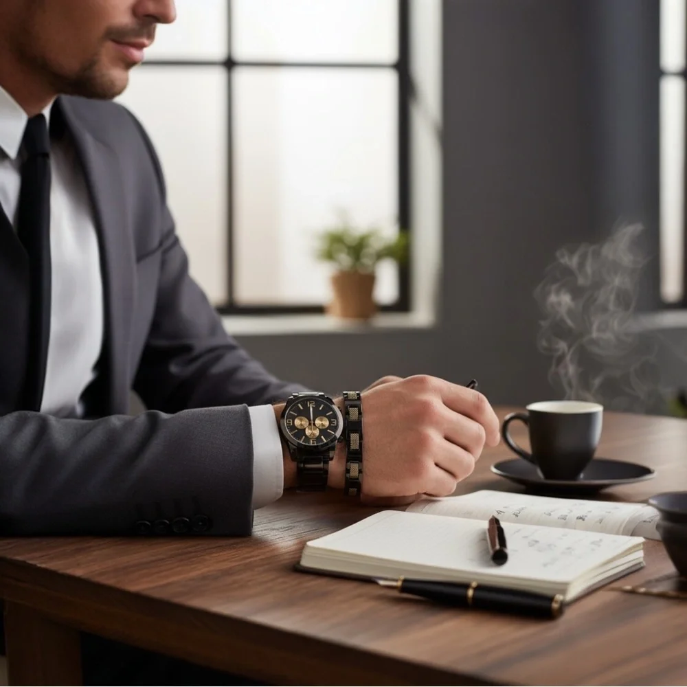 George Men’s Black & Gold Watch and Bracelet Set – Stainless Steel Style